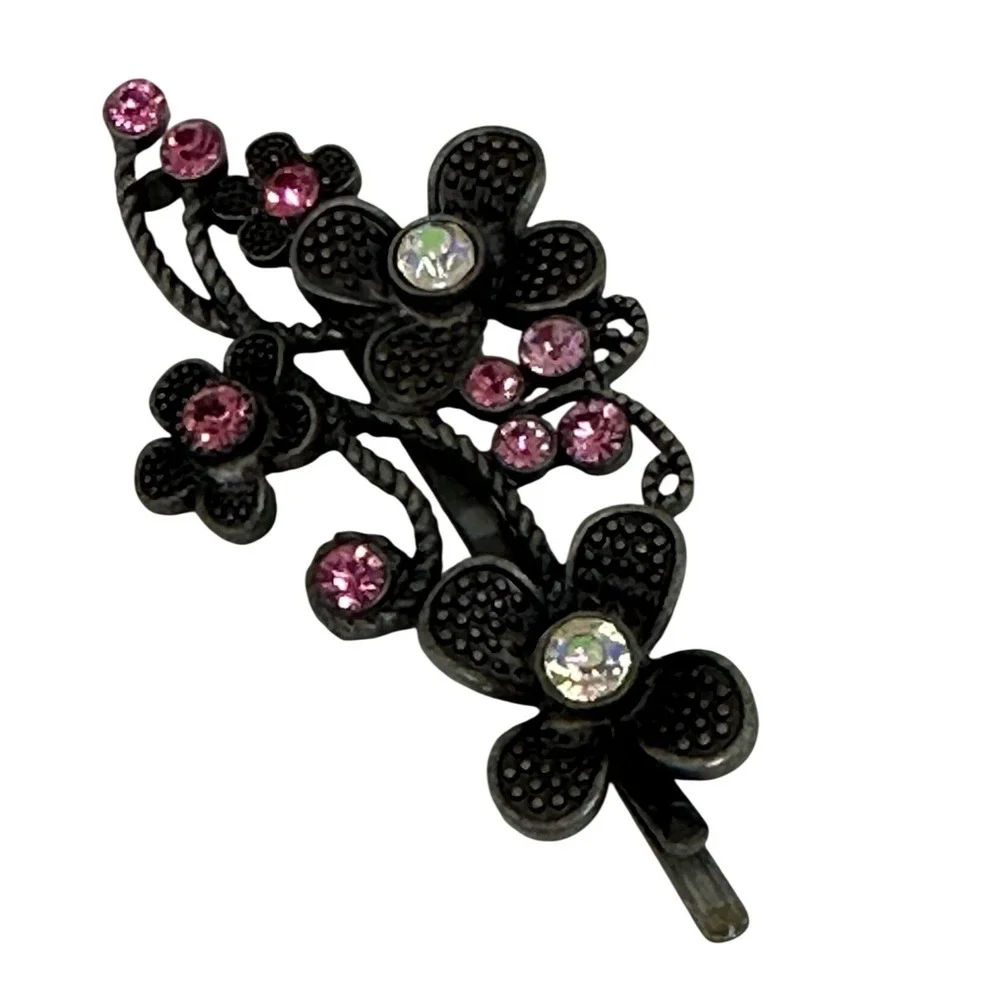 VTG Hair Clip Black Pink Floral Rhinestone Crystal Bobby Pin Accessory